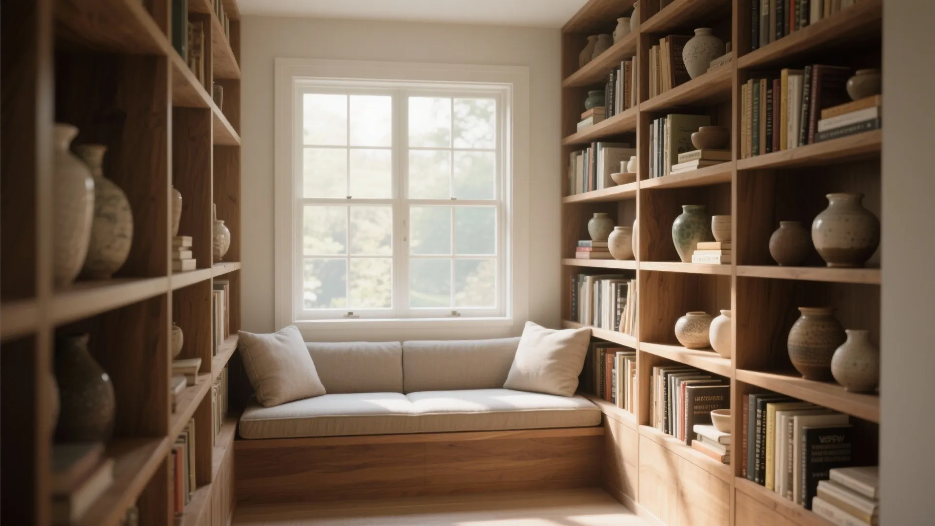 3. Window seat with floor-to-ceiling shelves