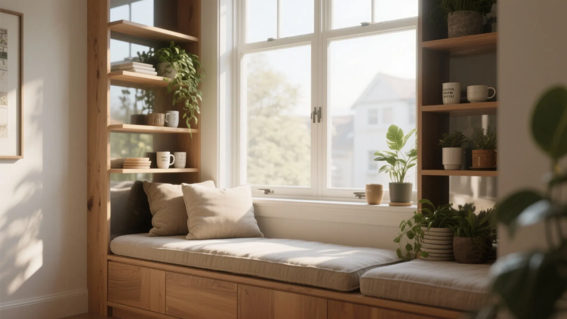 Cosy window seat with cushions flanked by wooden shelves containing potted plants and coffee mugs