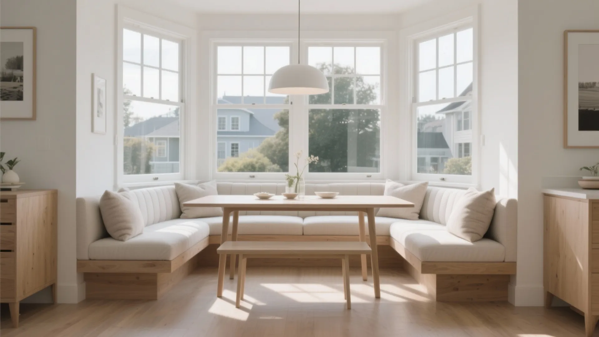 Bright dining nook with large windows white cushioned corner bench and slim rectangular wooden table