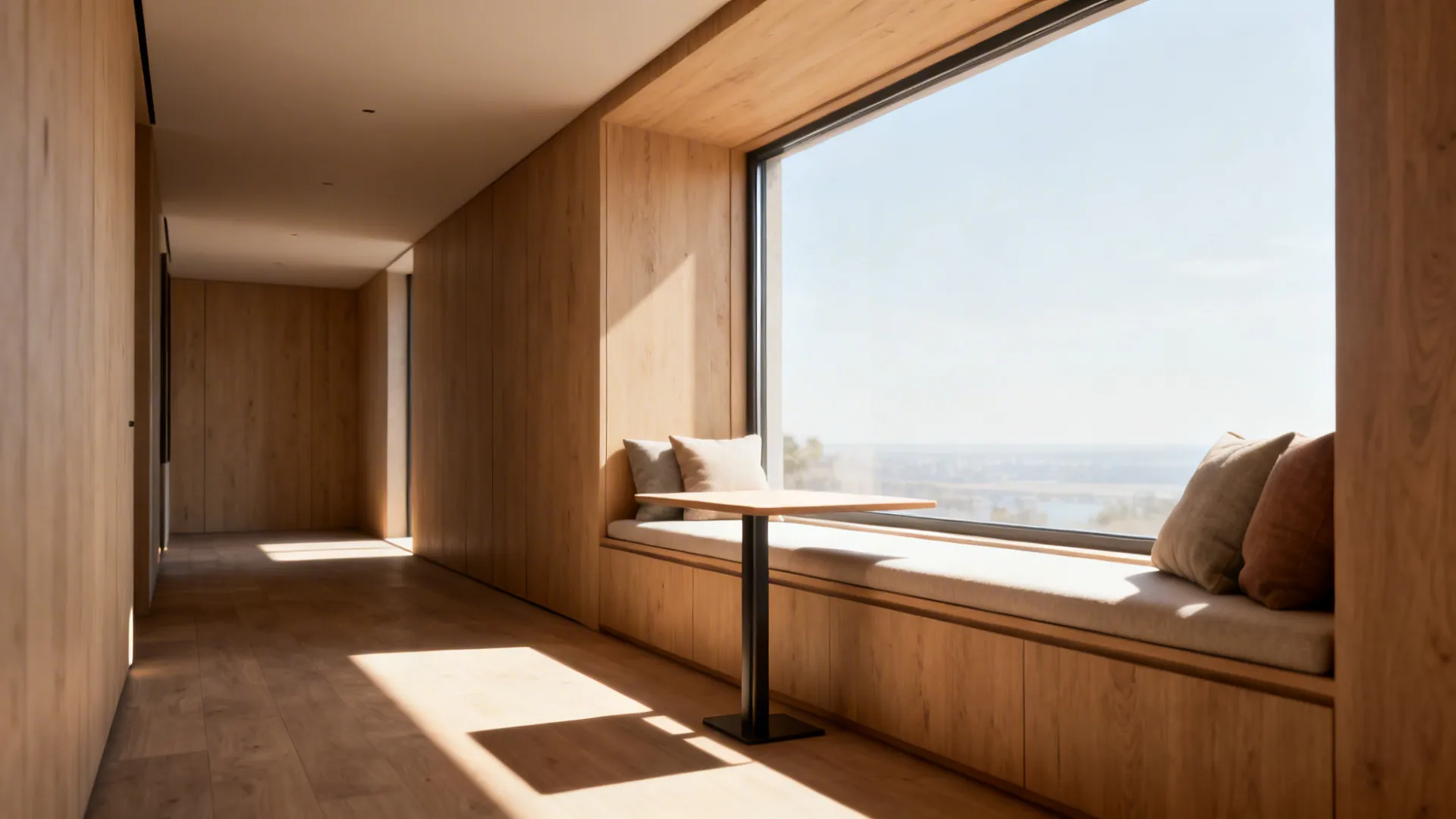 Sunny window seat with a slim table and cushions maximizing natural light and view