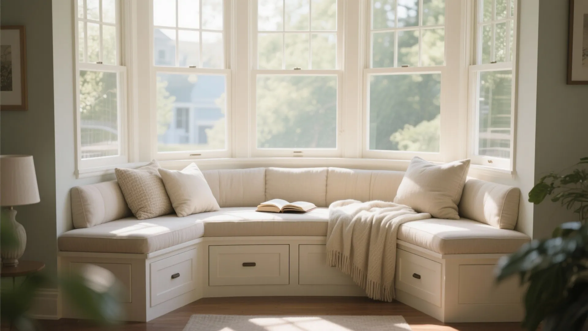 Bay window bench with cushions and hidden drawers