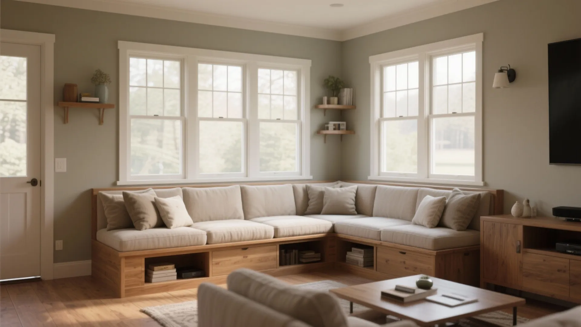 Corner window seat with built in wooden storage drawers beige cushions and wall mounted shelves