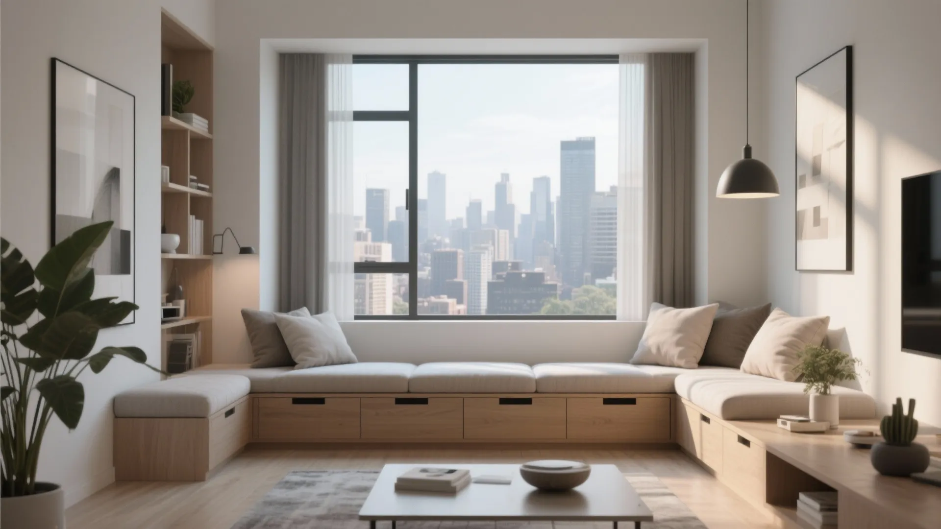 Living room window seat with drawers below and bright cushions