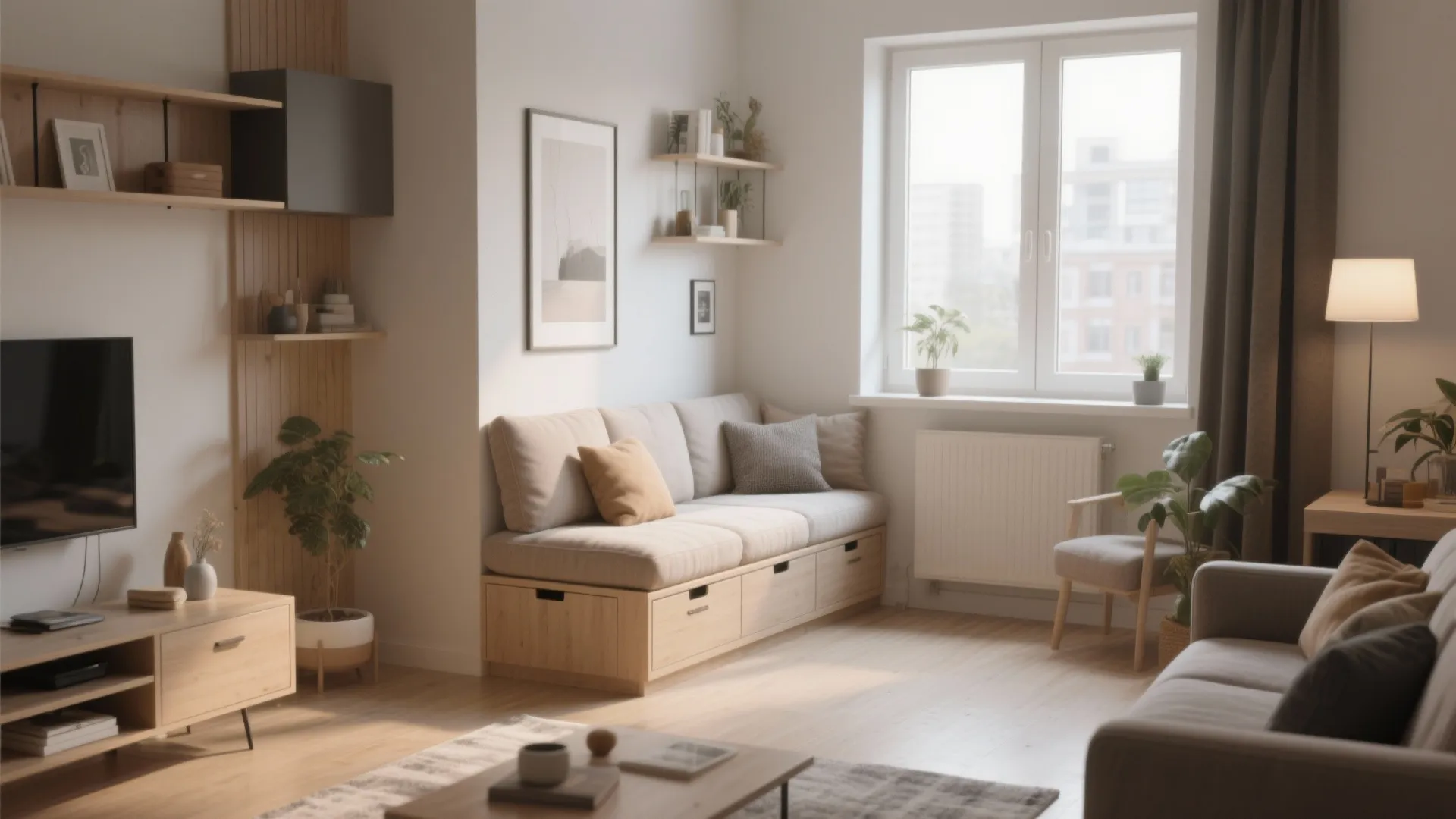 Modern living room featuring a wooden window seat with storage drawers and soft beige cushions