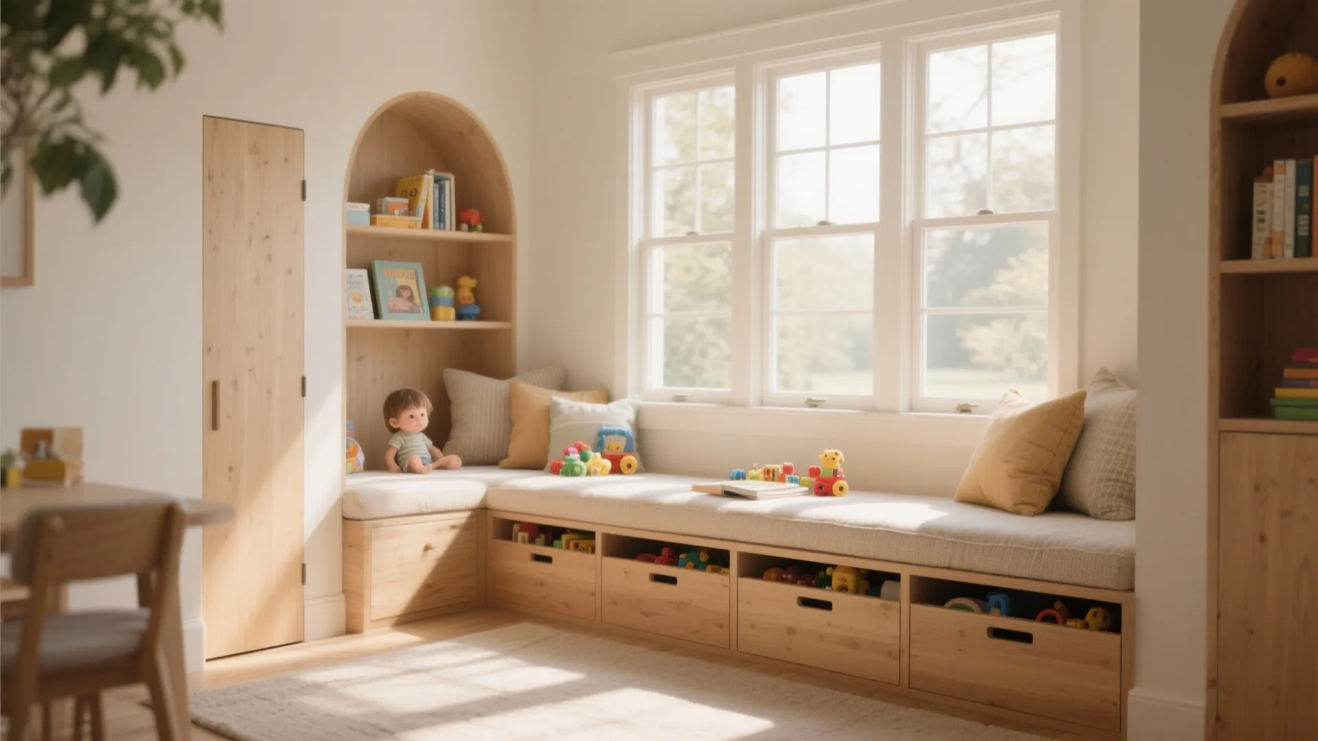 Window seat bench with built-in drawers for toy storage