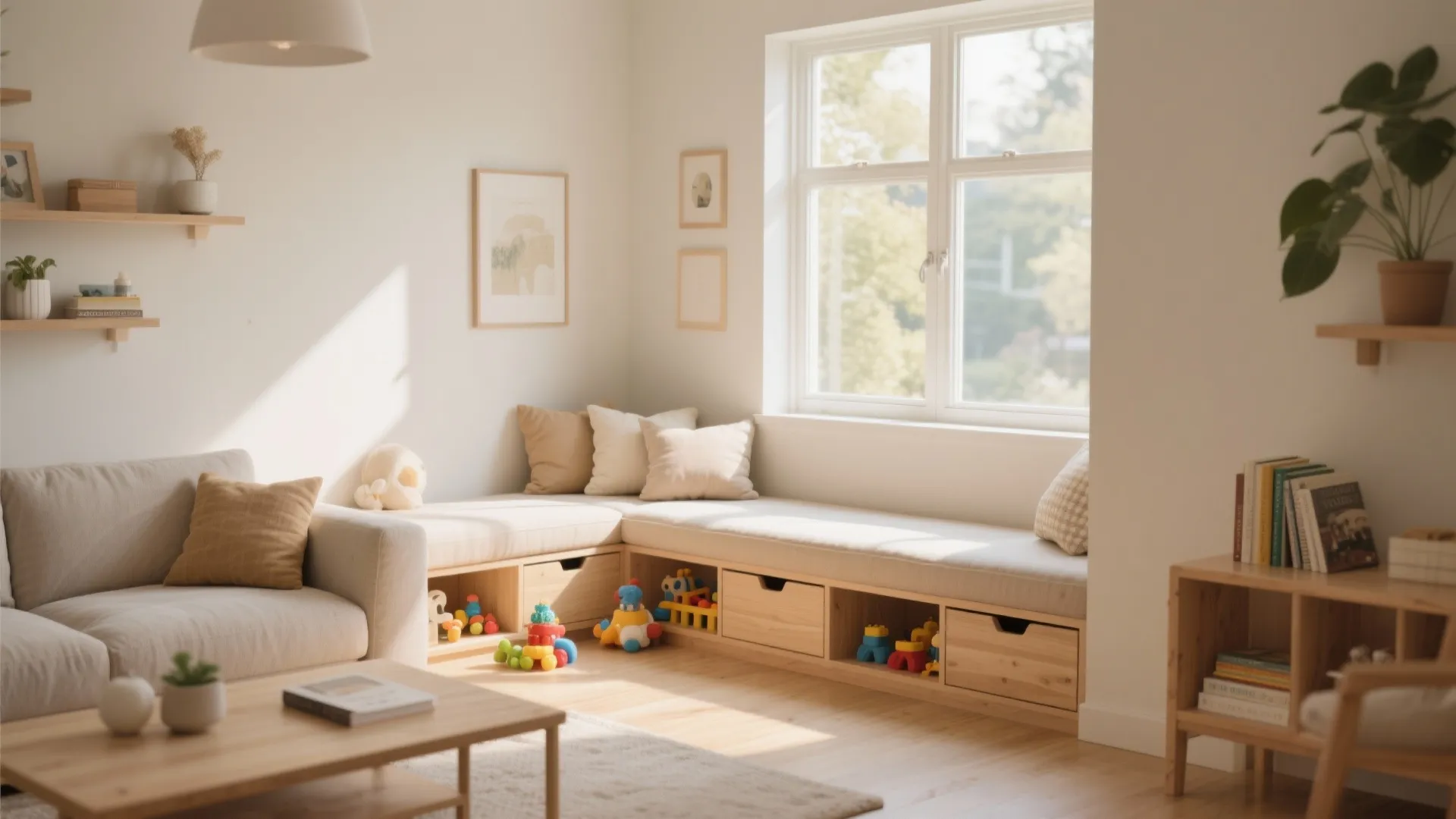 Built-in window seat with toy storage drawers
