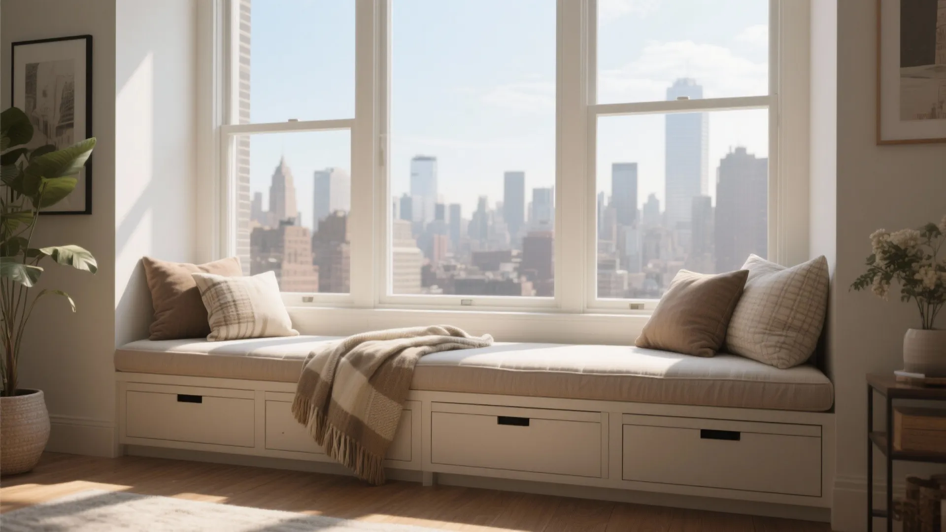 Sunlit window seat with cozy cushions and hidden storage