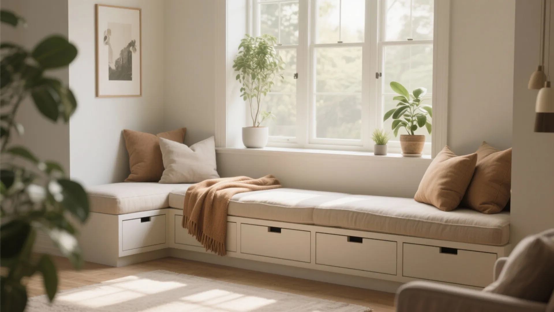 Built-in white window seat with storage drawers and cushions under a bright window with plants
