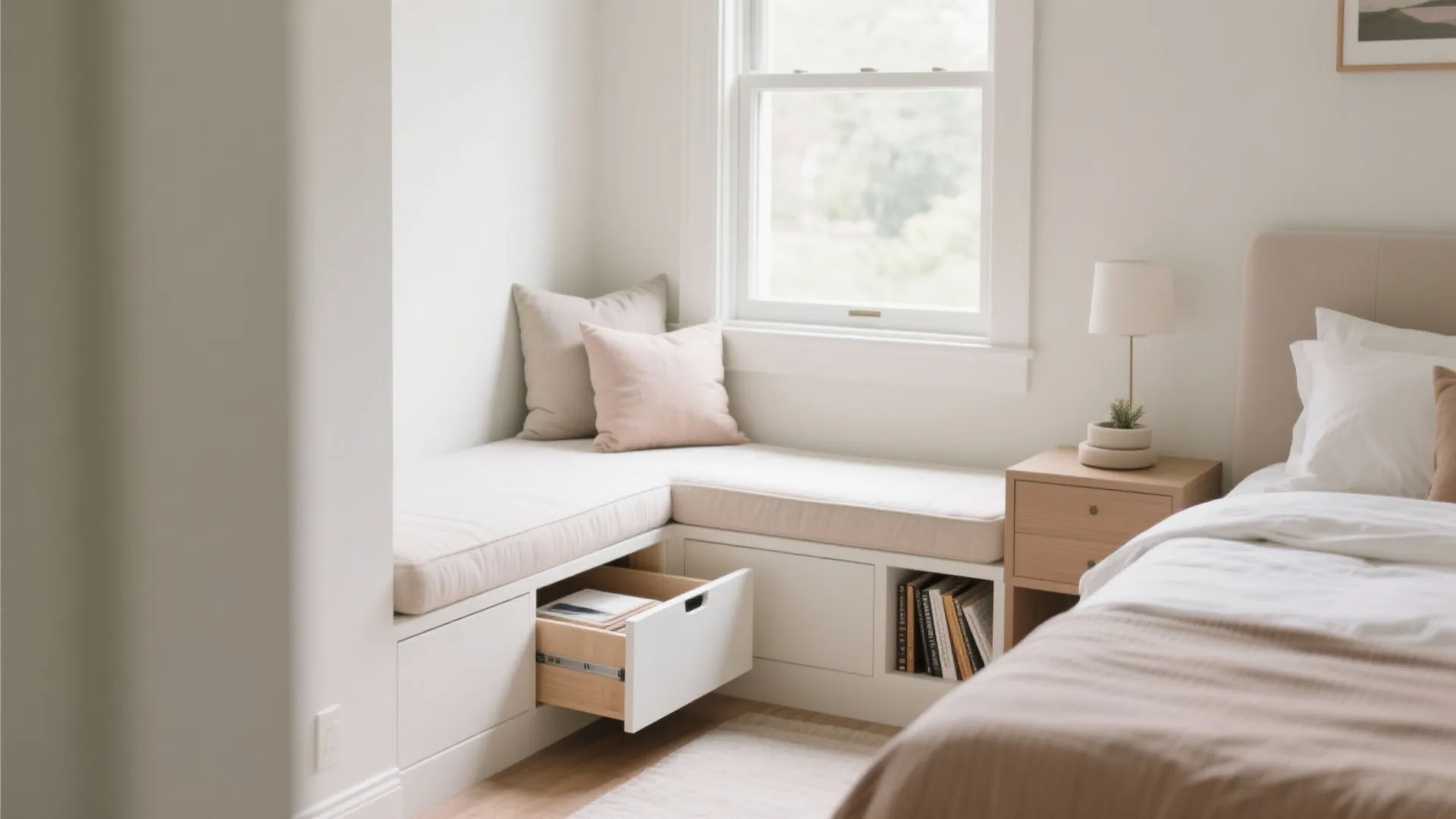 White window seat with beige cushions and open drawer next to a simple wooden side table