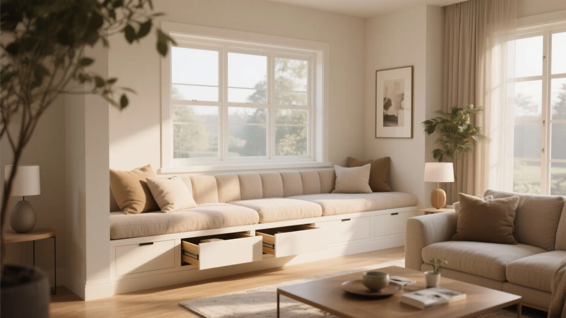 Long cream window seat with open storage drawers in a bright and sunny living room
