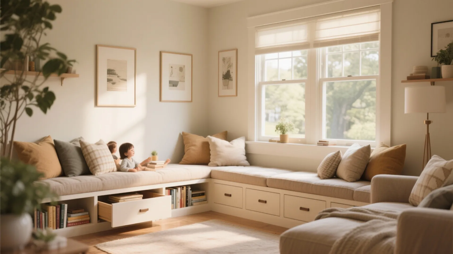 Corner window seat with storage drawers, white cushions, open bookshelves, and child sitting in light