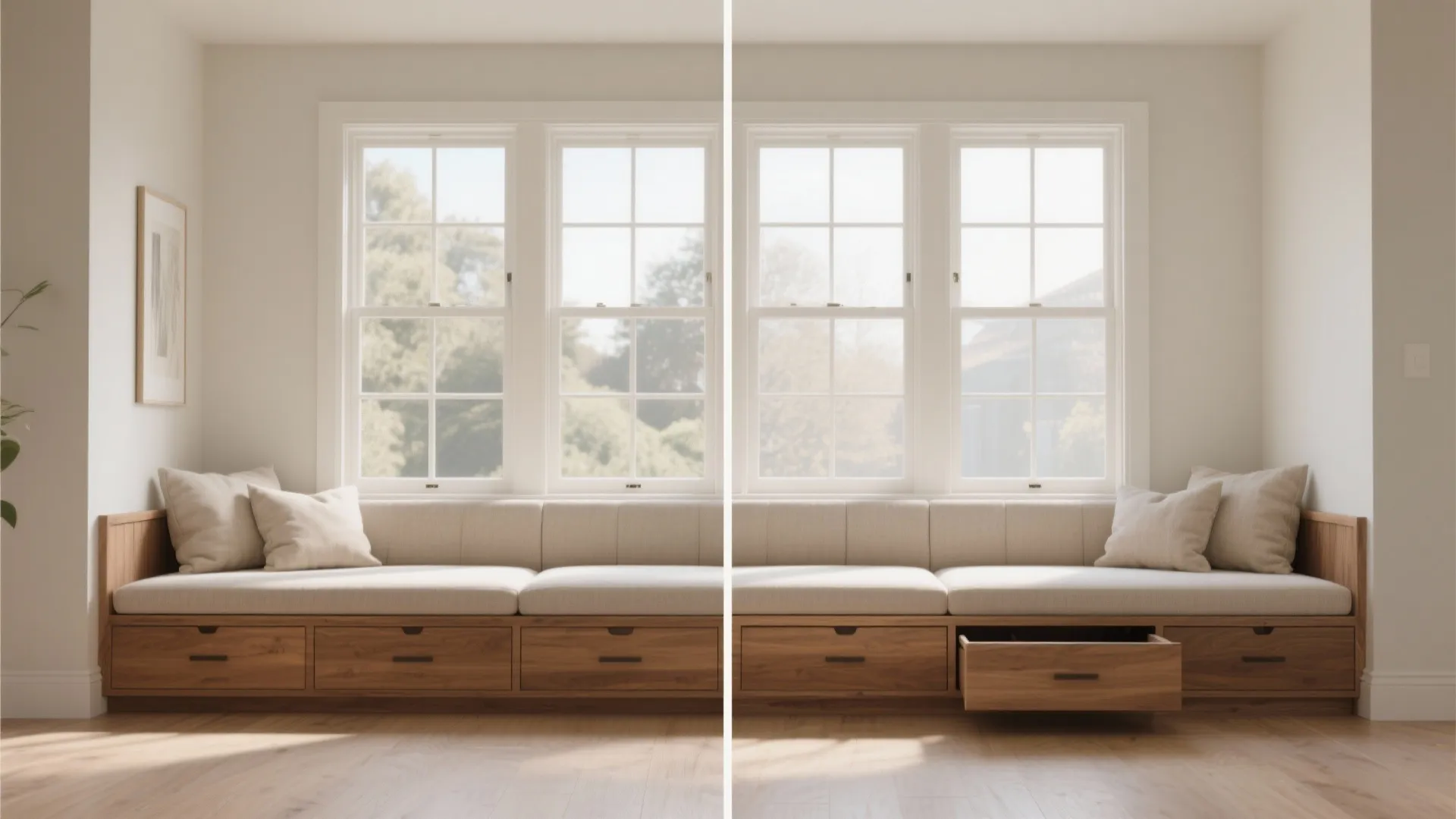 Before and after comparison of a custom window seat with closed and open storage drawers