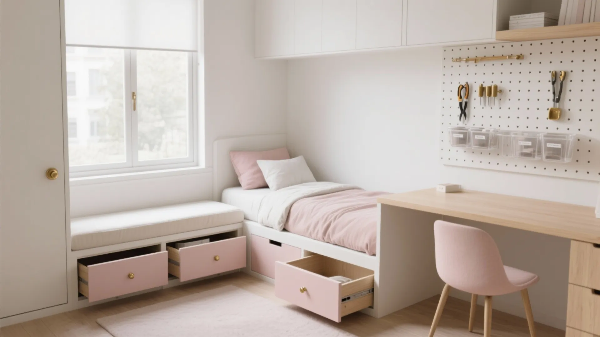 2) Hidden Storage: Window Seat, Underbed Drawers, and Pegboard Walls