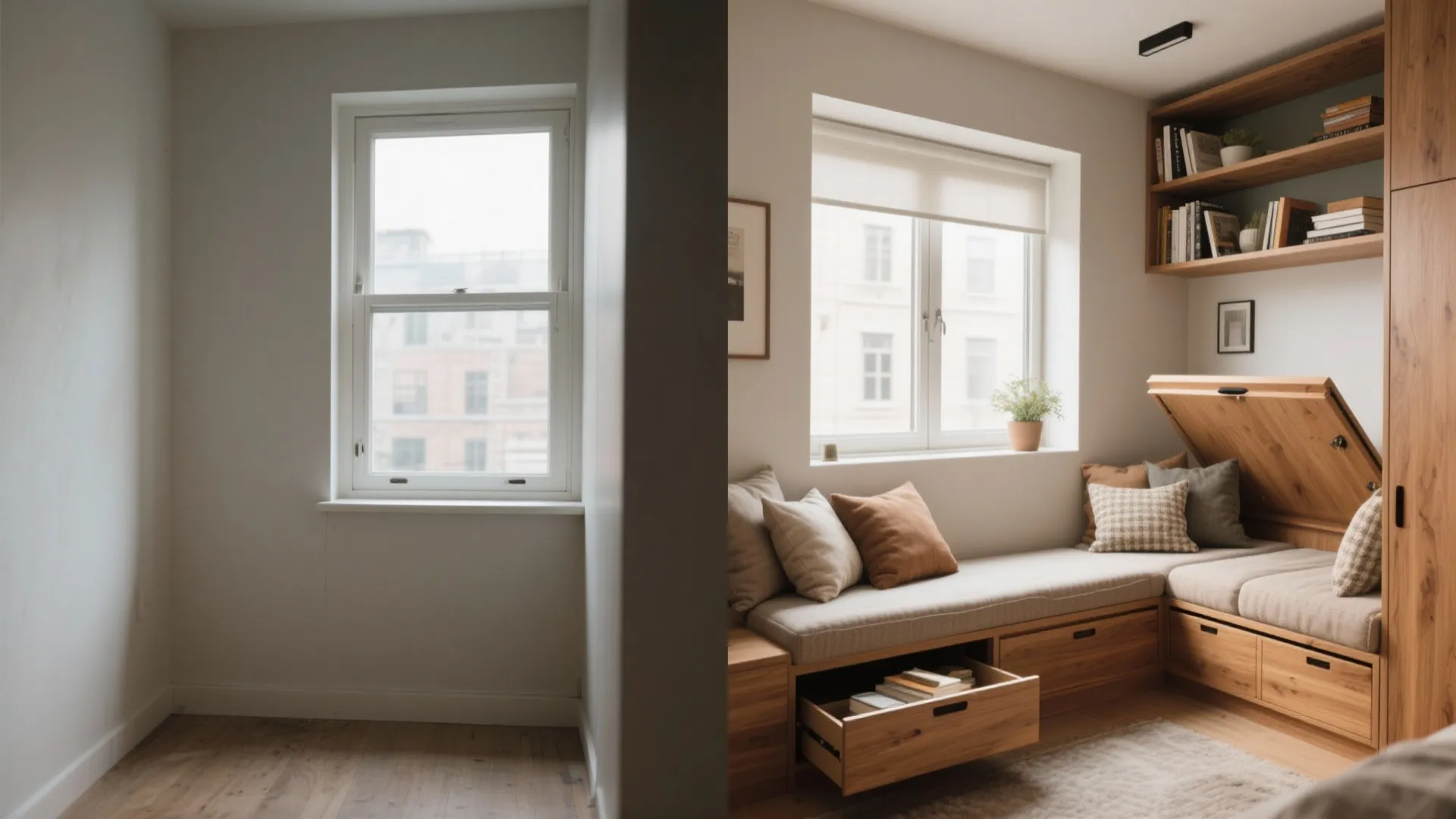 Before and after comparison showing empty corner transformed into wooden window seat with storage drawers