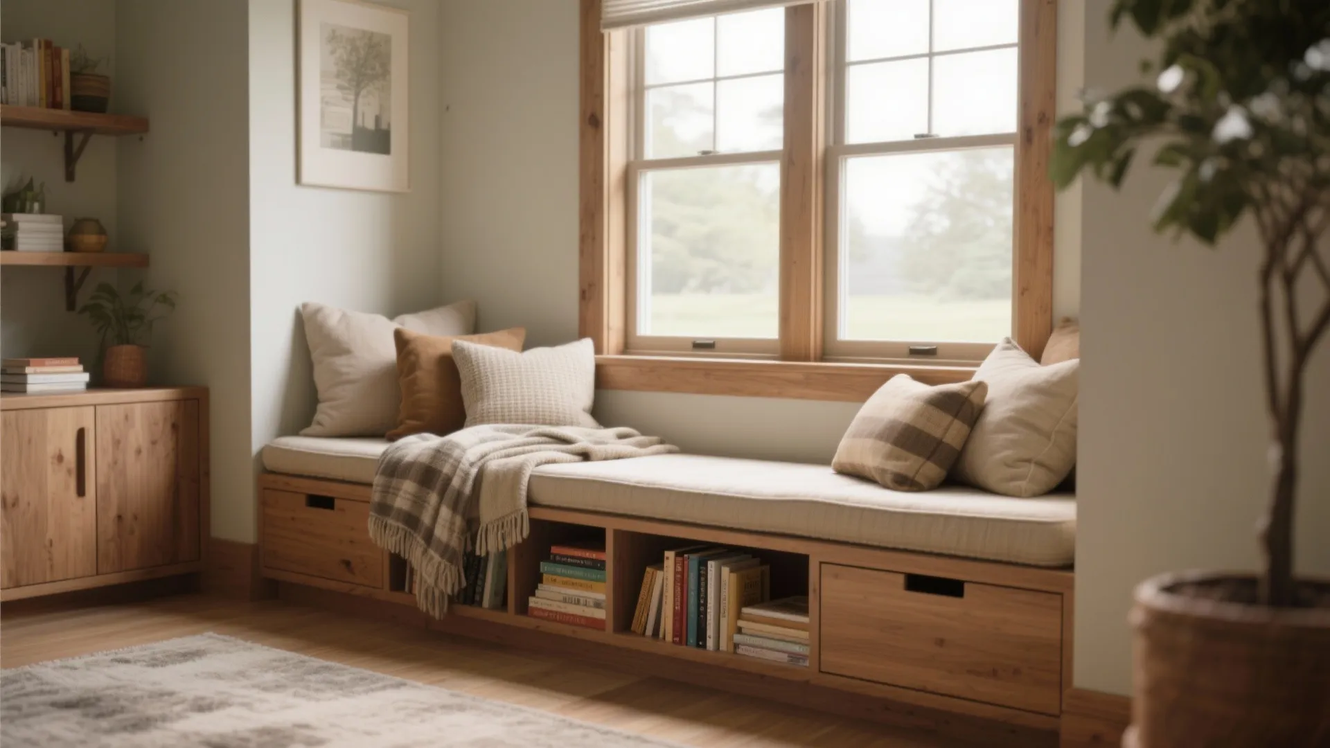 Cosy wooden window seat with storage drawers pillows a blanket and books in a bright room