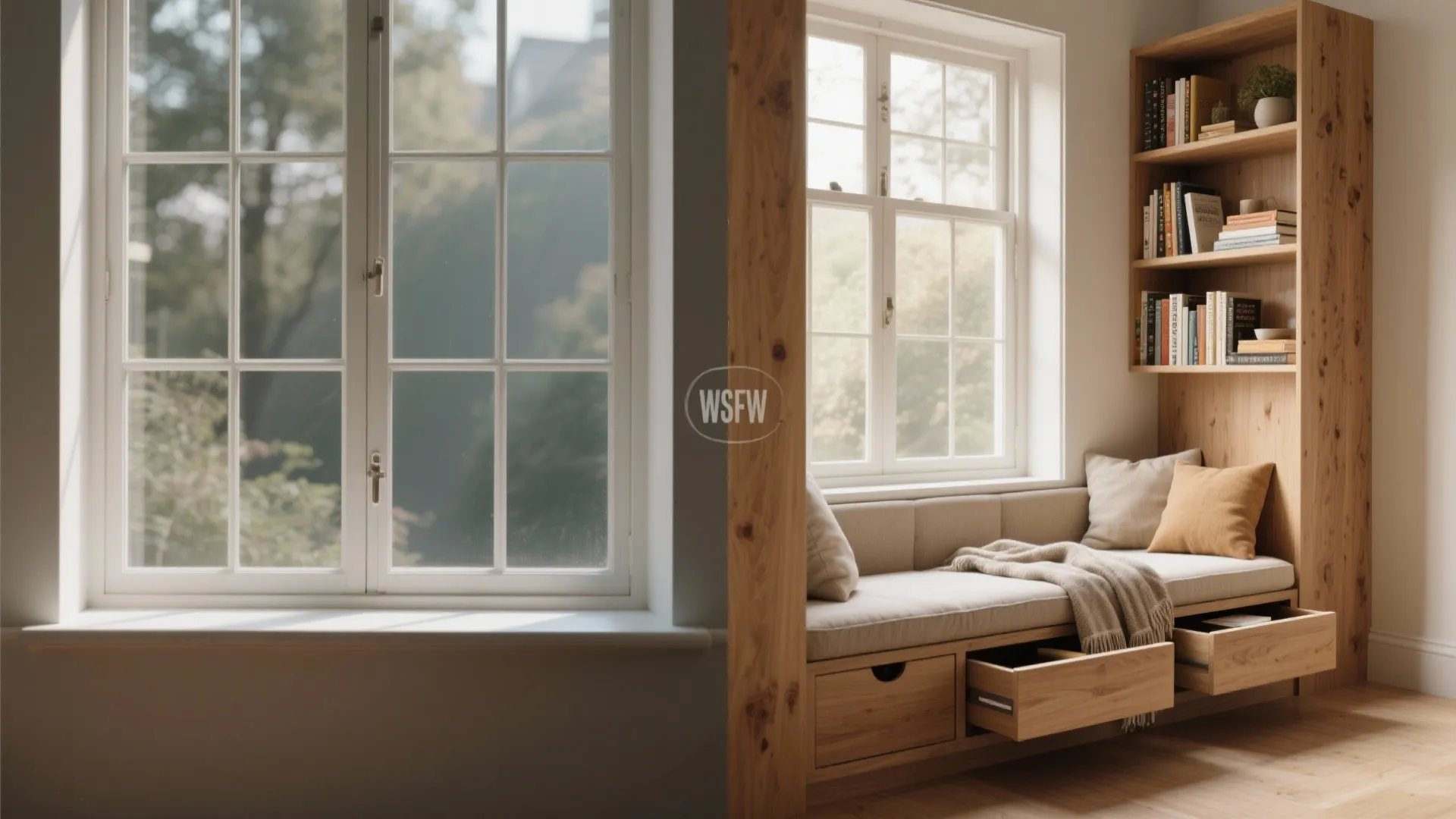 Wooden window seat with open storage drawers white cushion blanket and tall bookshelf with books