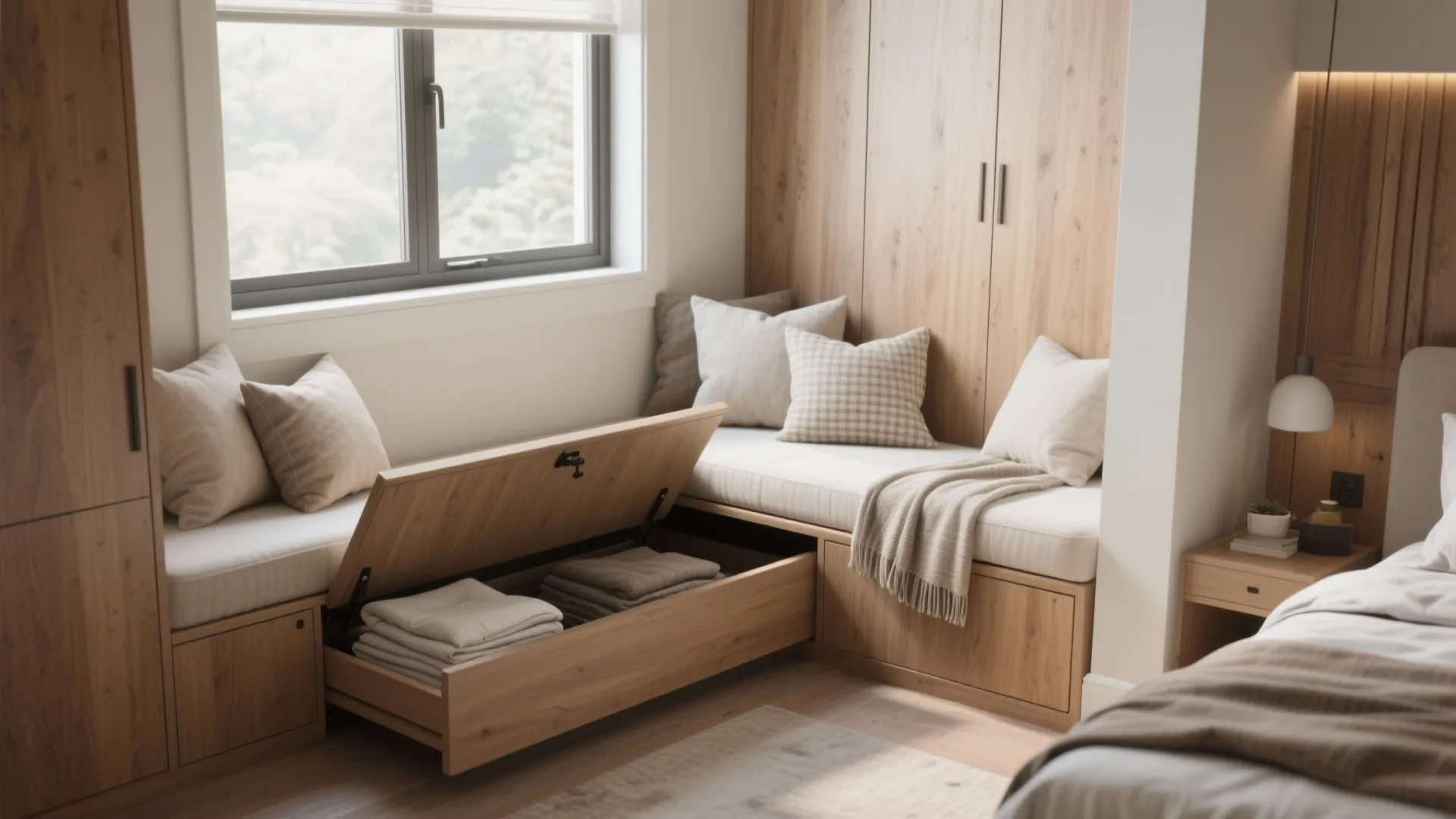 Built-in window seat in a small bedroom with hidden storage and cushions under soft daylight.