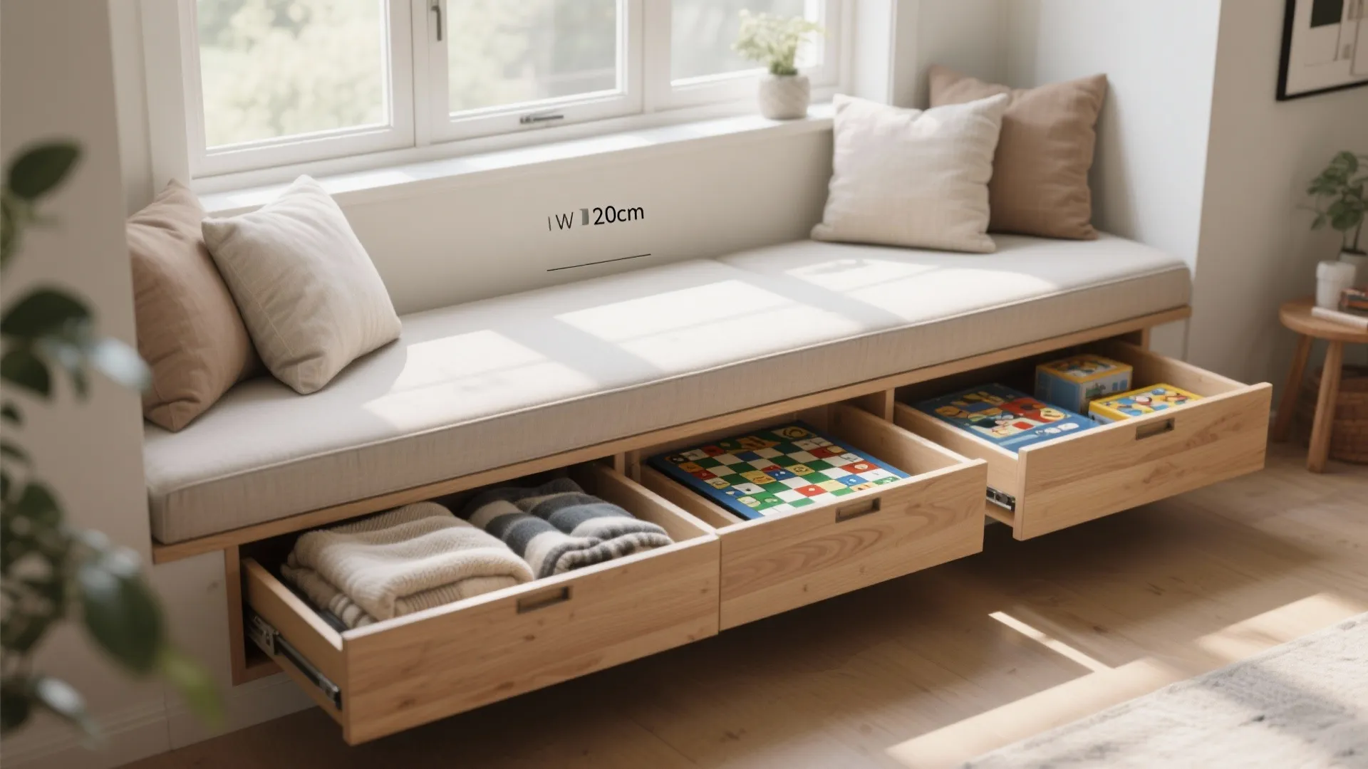120cm window-seat bench with pull-out drawers storing blankets and games under a slim cushion.