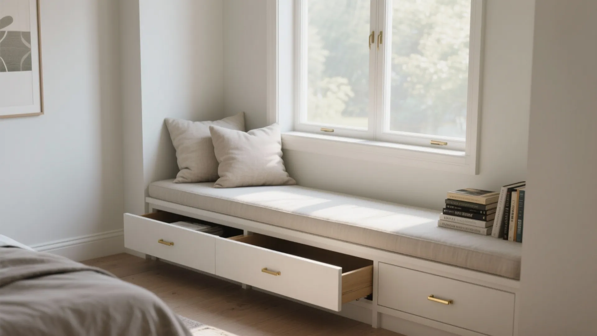 Built-in window bench with cushions and storage drawers in a small bedroom