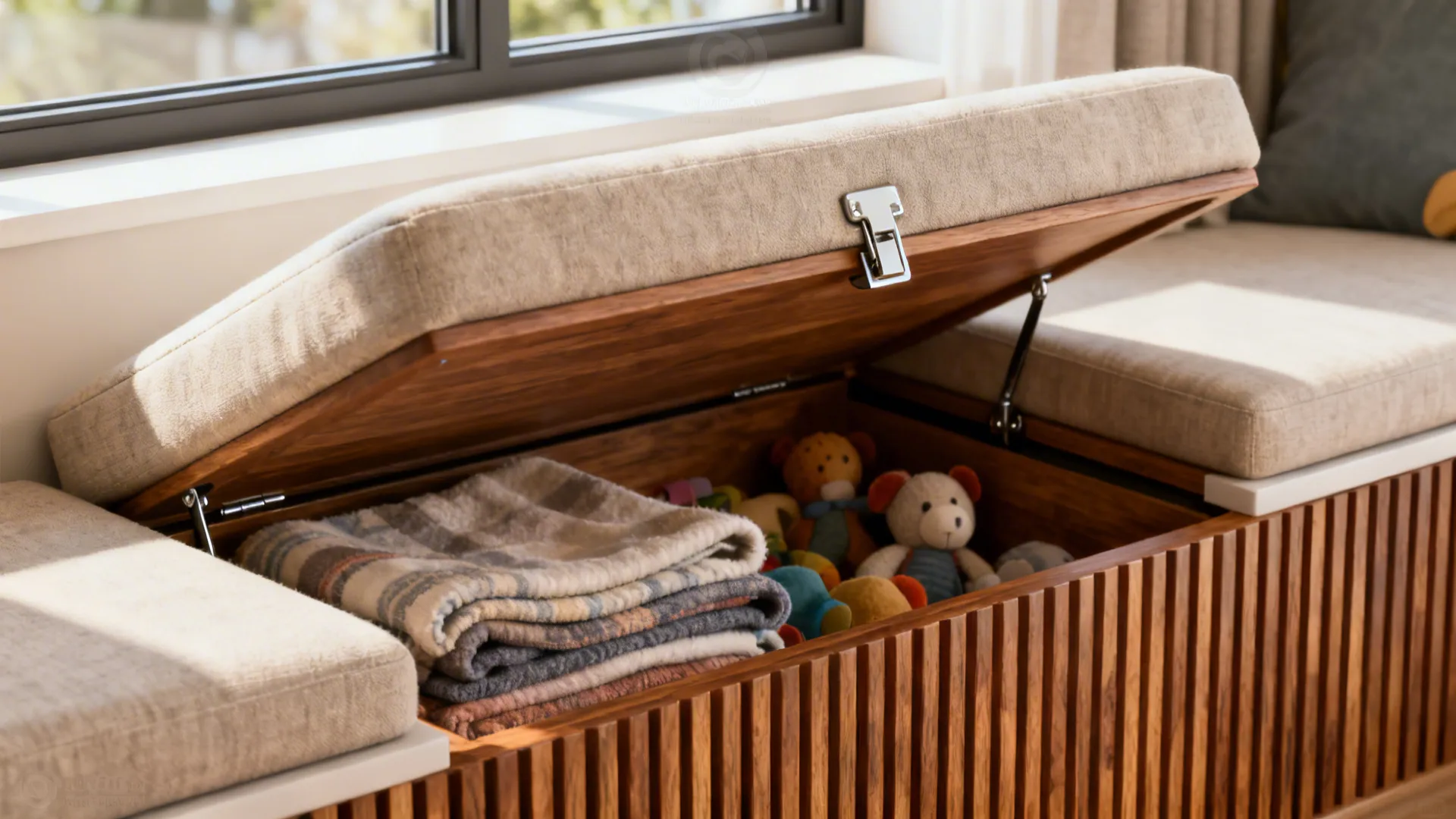 Wooden window seat storage bench with an open lid showing folded blankets and soft toys