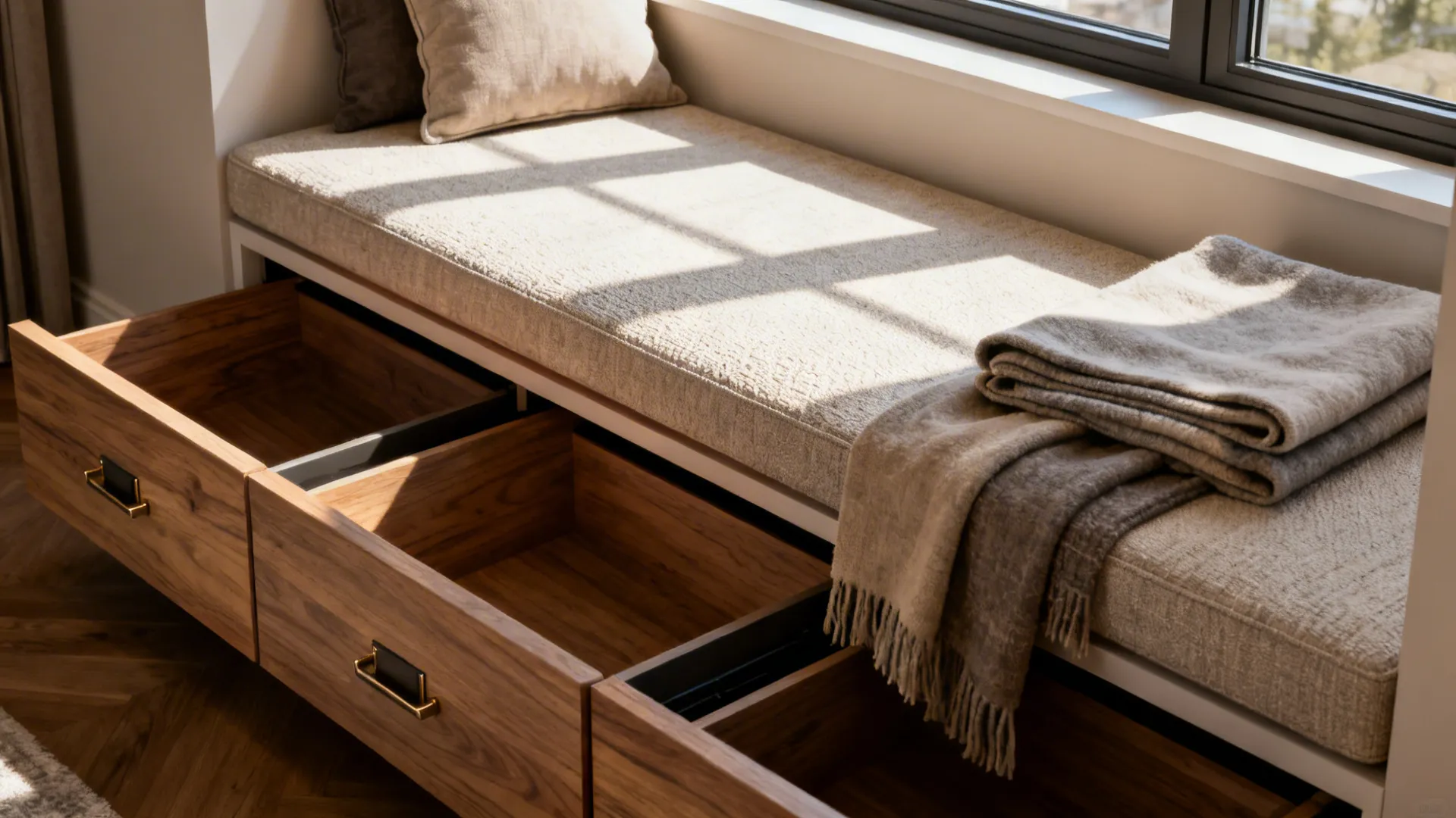 Built-in window seat with hidden storage drawers and cozy cushions bathed in sunlight