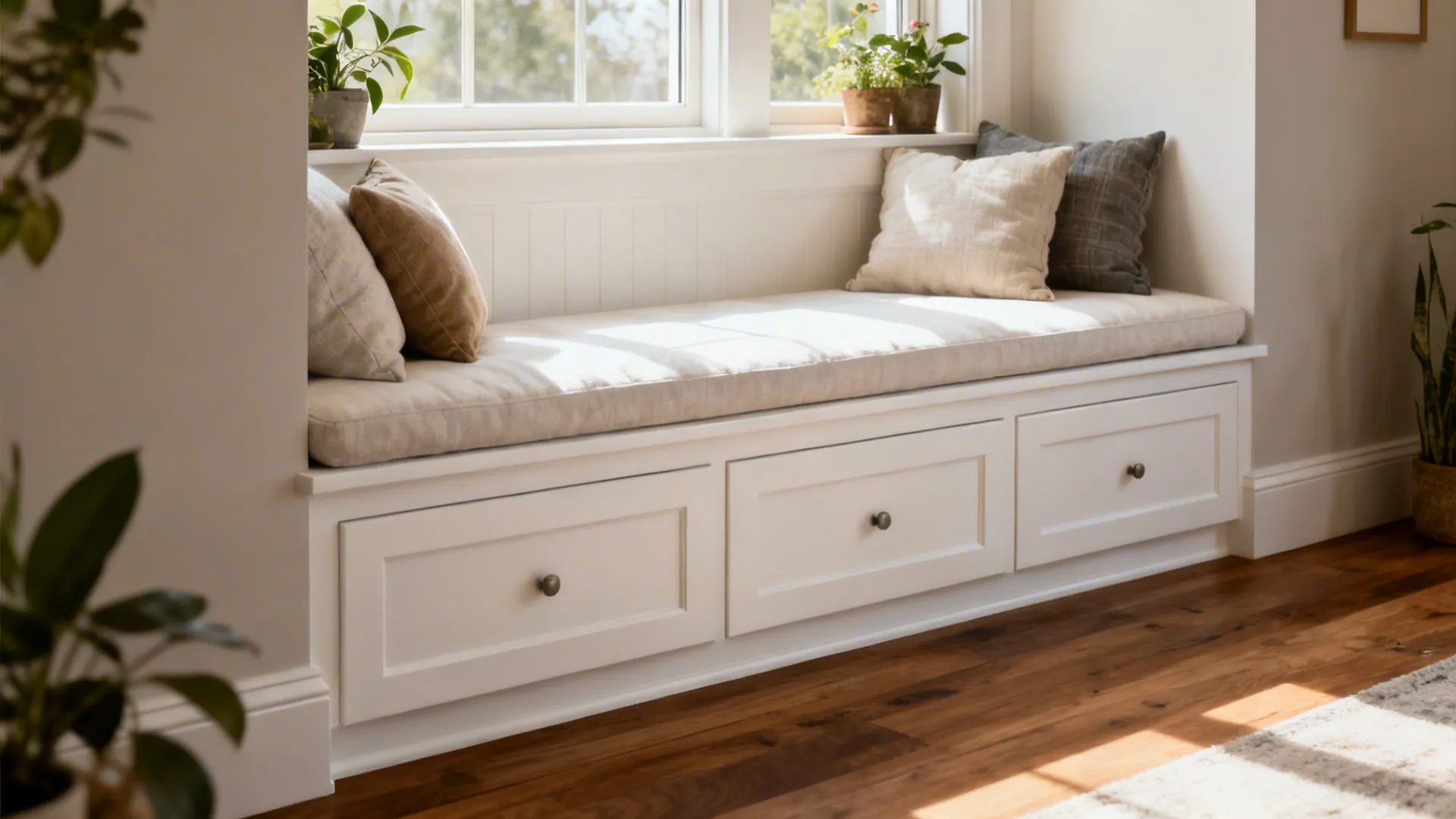 Built-in white window seat with drawers and cushions in a small living room alcove.