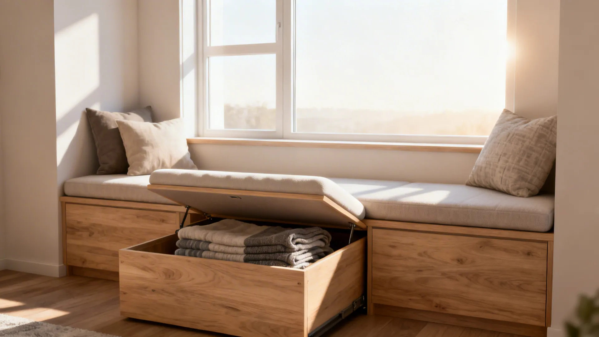 Built-in window seat with lift-top storage, foam cushion and morning light in a small living room alcove.