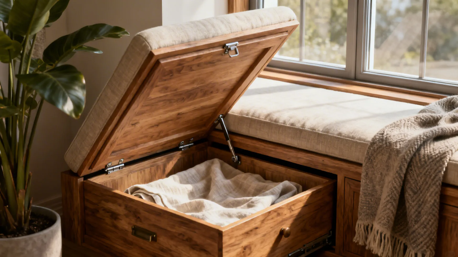 Built-in window seat with lift-up storage compartment and cushion in a small apartment