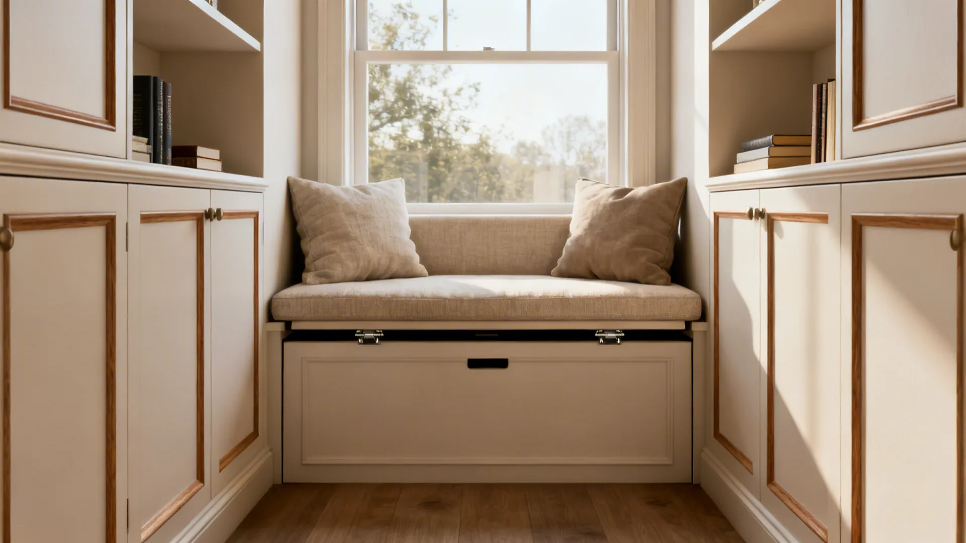 Window seat with plush cushions and built-in gas-lift storage beneath in a narrow living room.