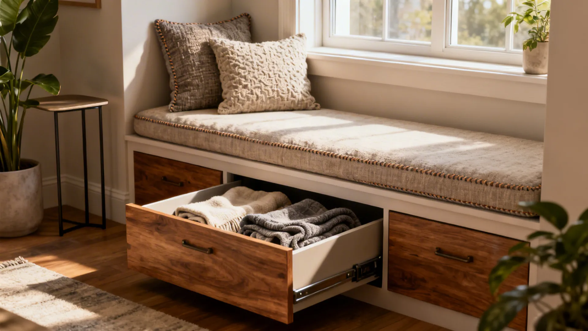 Cozy window seat with under-storage drawers and cushions in a small living room.