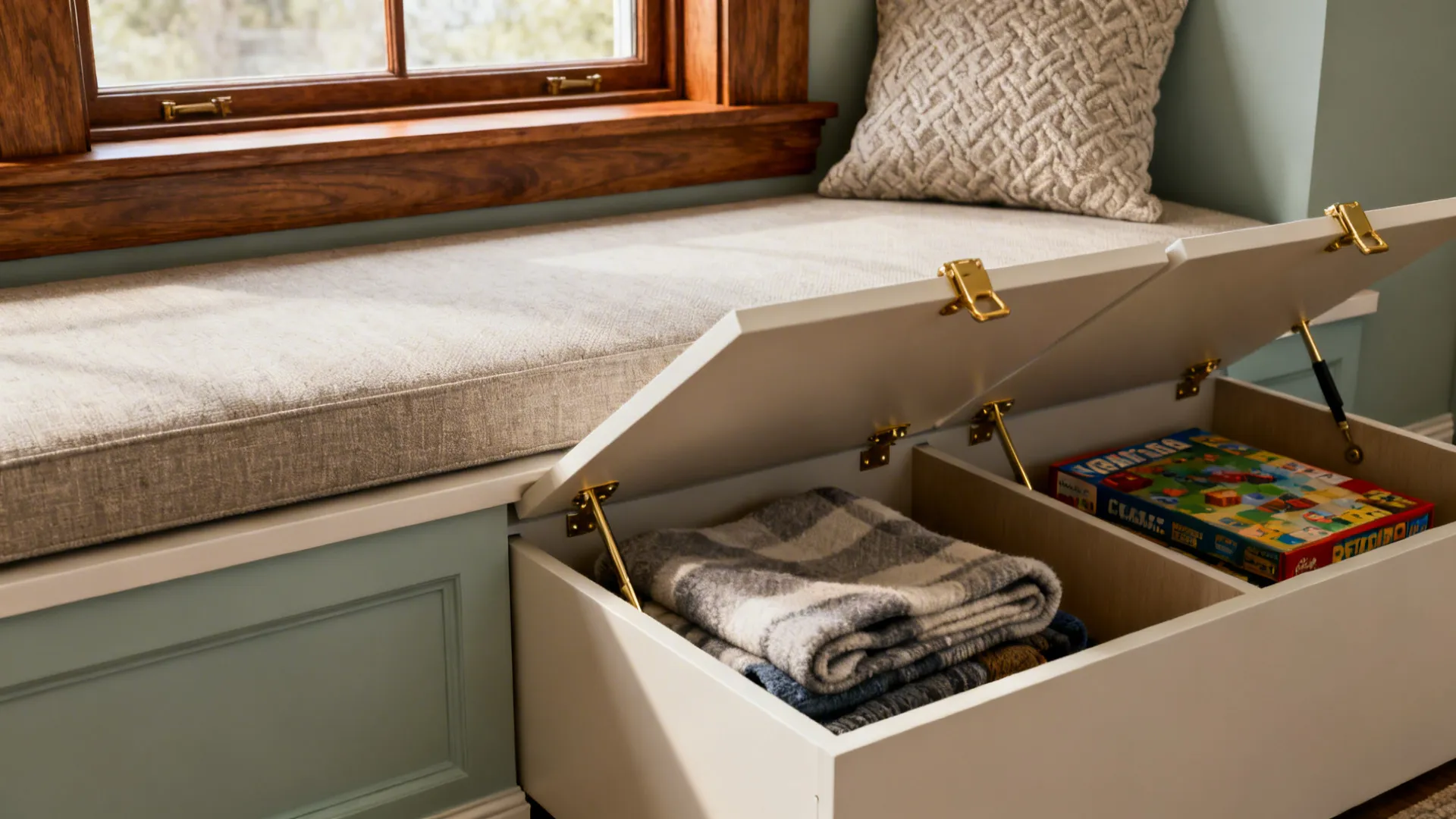 Built-in window seat with open storage space holding folded blankets and a box for games
