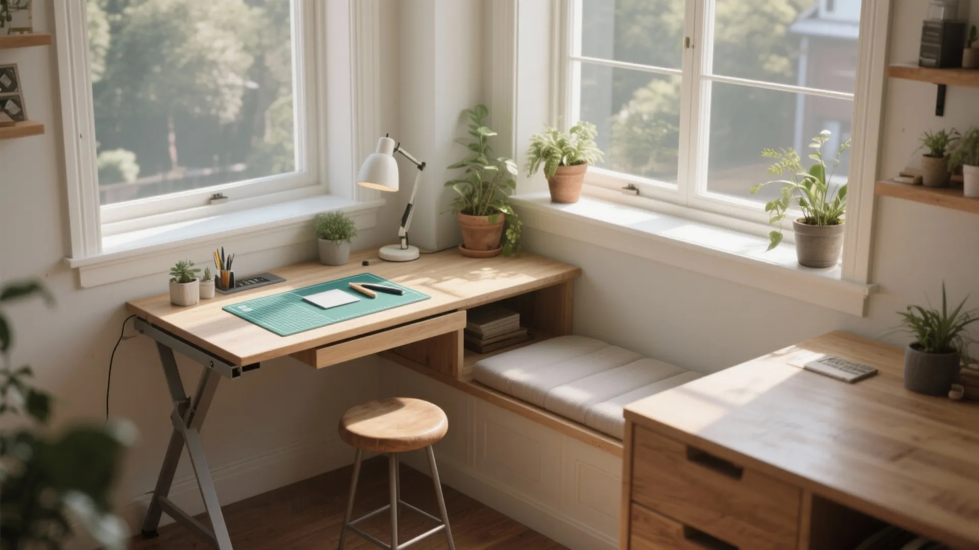 Window-seat fold-out table with sunlight, a small stool, plant on the sill and a tidy craft workspace with a cutting mat.