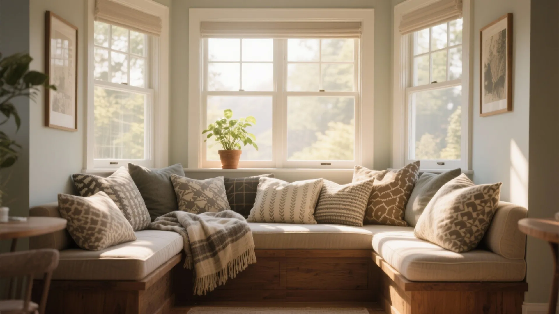 Wooden window seat featuring various patterned pillows soft blanket and small potted green house plant