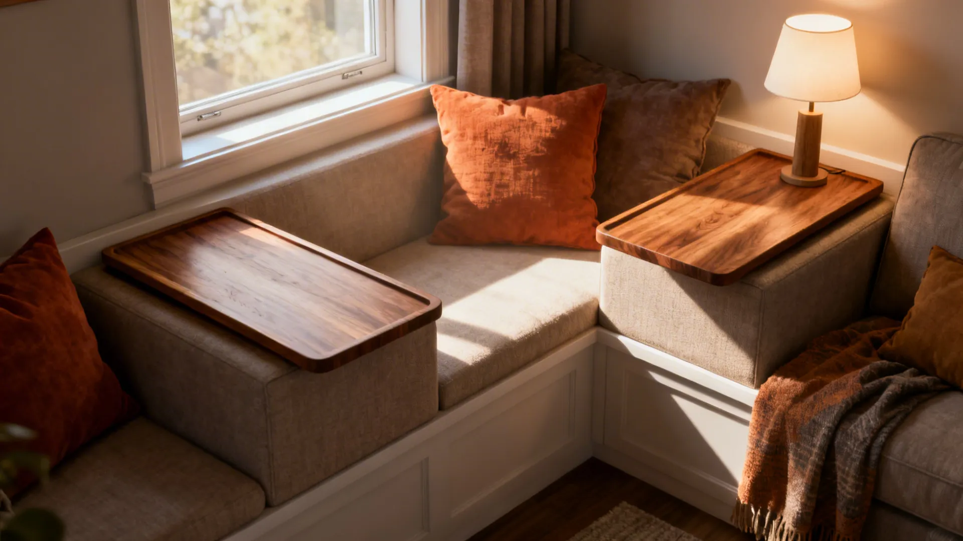 Built-in window seat with removable trays used as temporary table surfaces