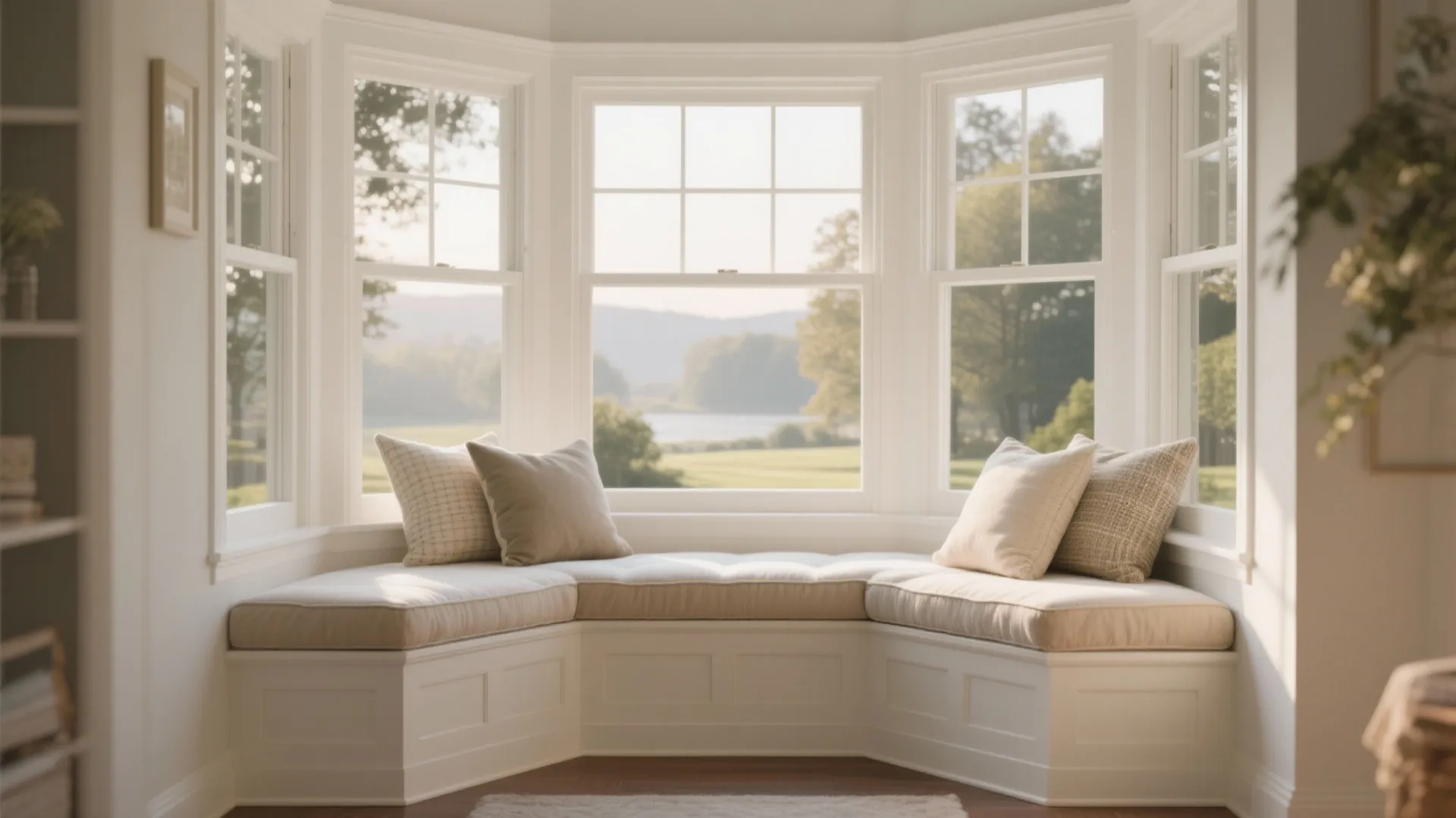Elegant white bay window seat with soft cushions overlooking a peaceful green garden and lake