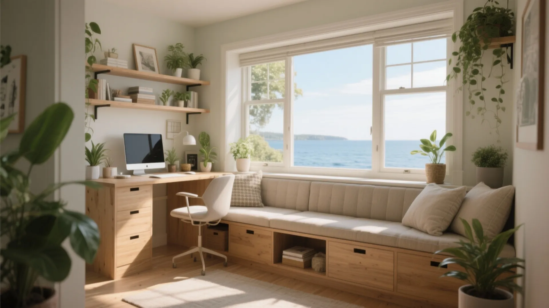 Bay window desk with storage under seat in home office