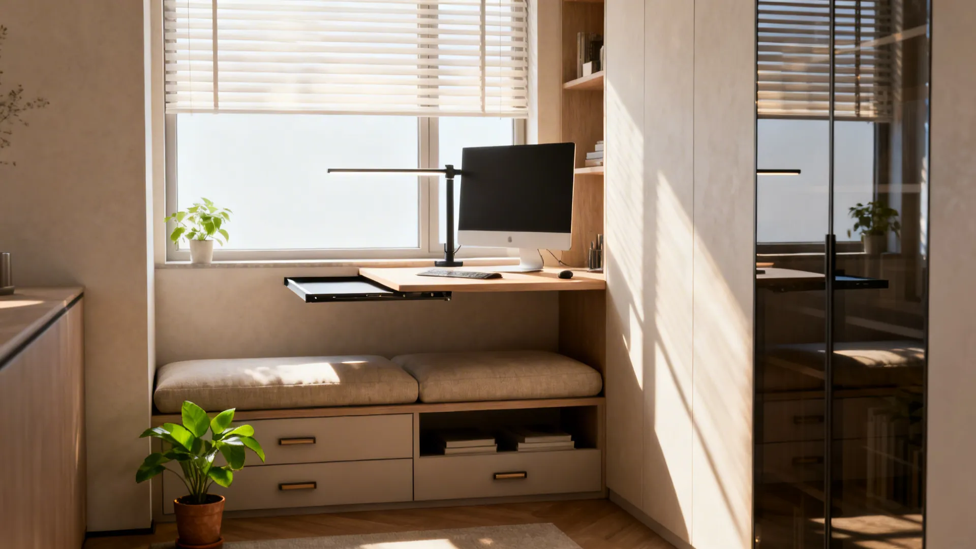 Cozy window seat workstation with pull-out tray desk, monitor arm and under-bench storage