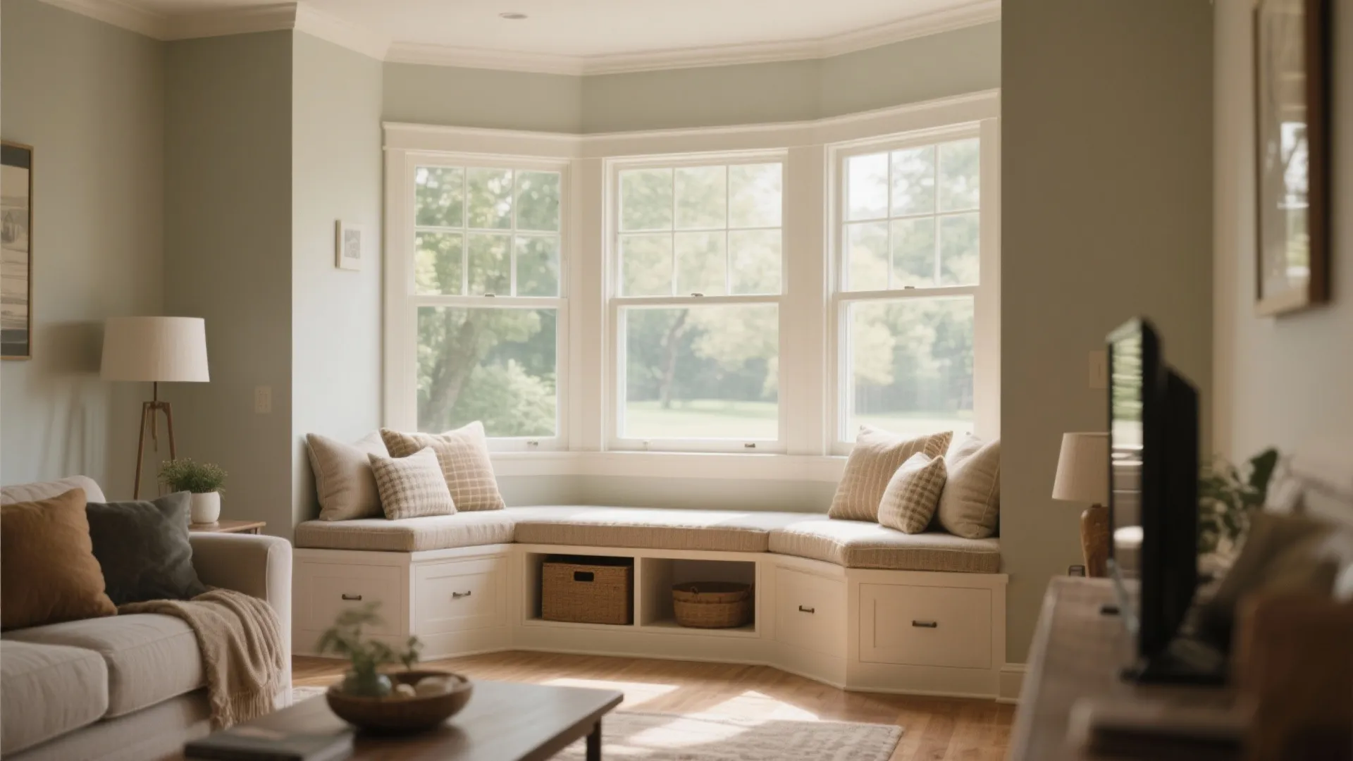 Modern living room featuring white window seat with pillows, storage drawers, and light green walls