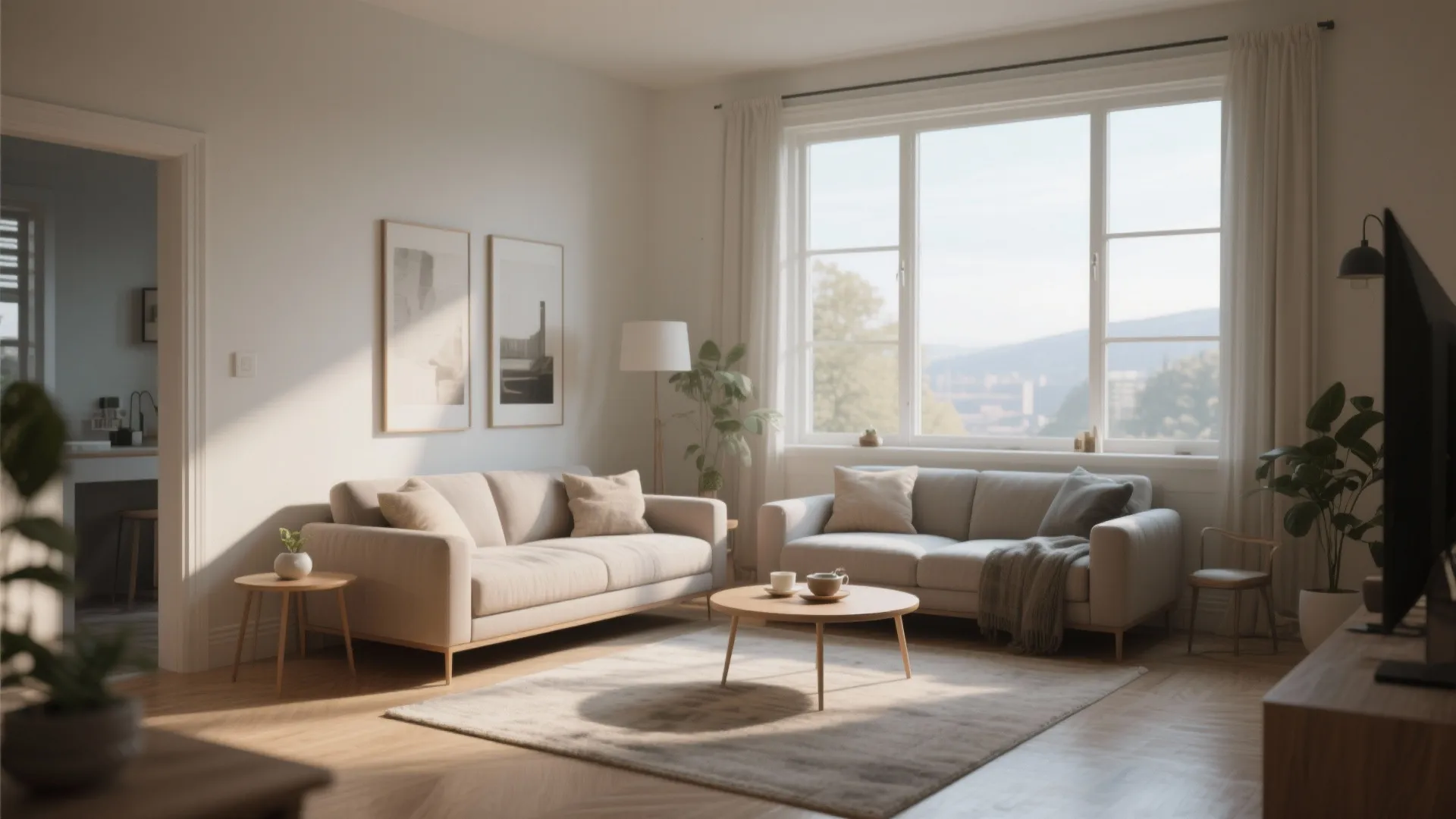Seating near large window in living room highlighting view