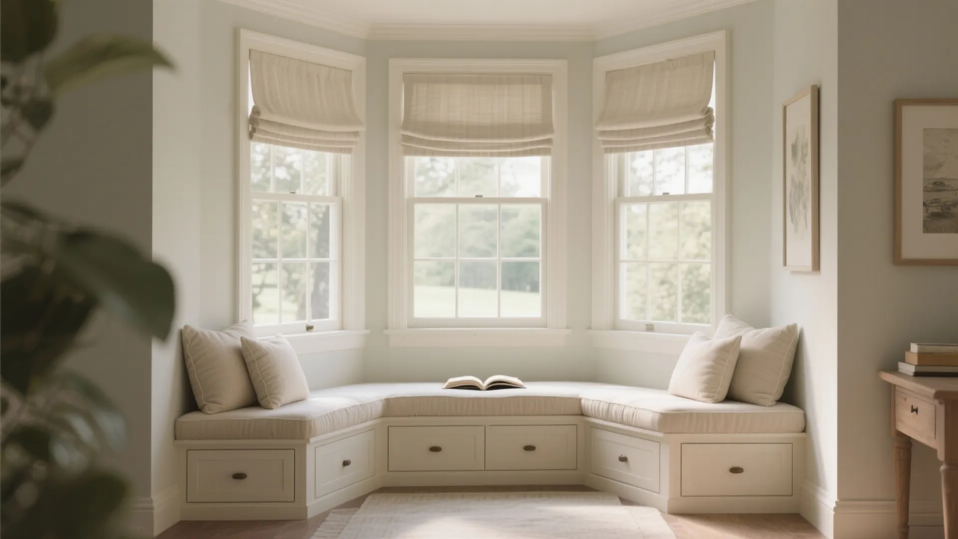 Cozy window seating nook with white storage drawers soft pillows open book and beige curtains