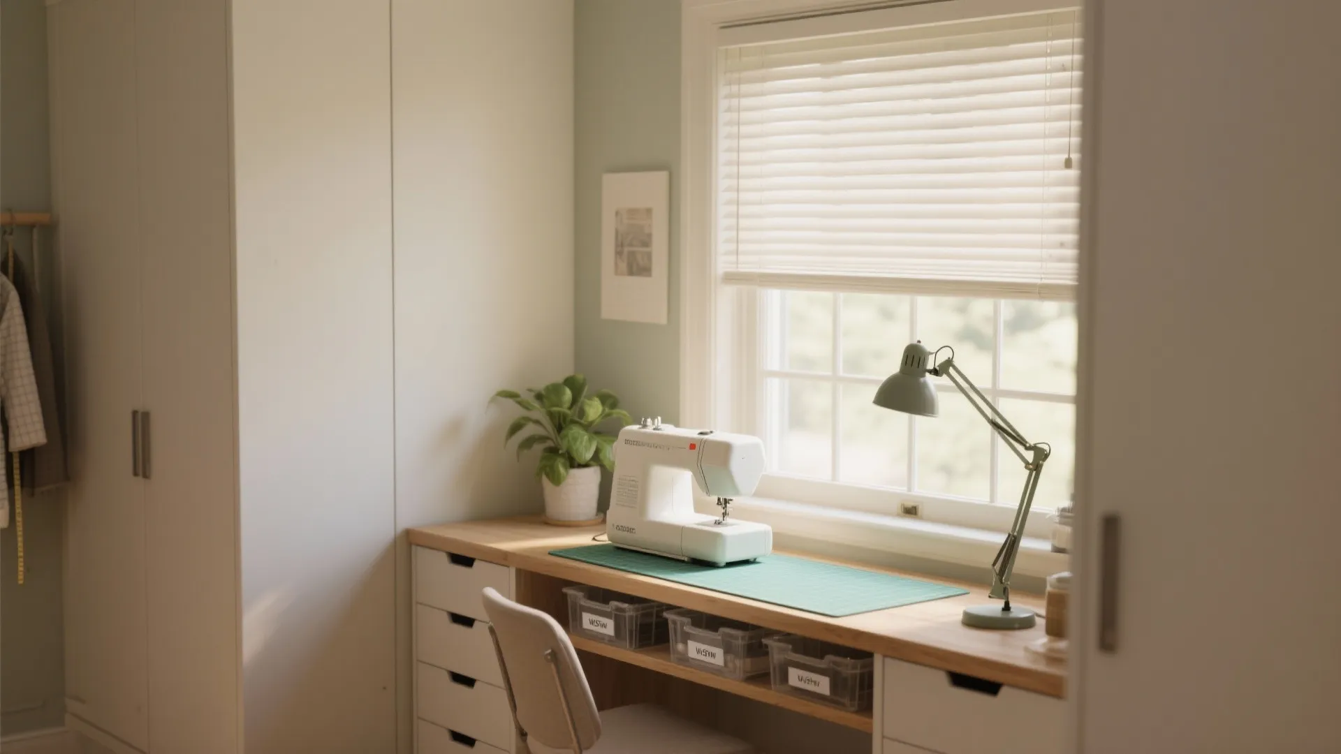 2. Light-soaked window station with narrow cabinets