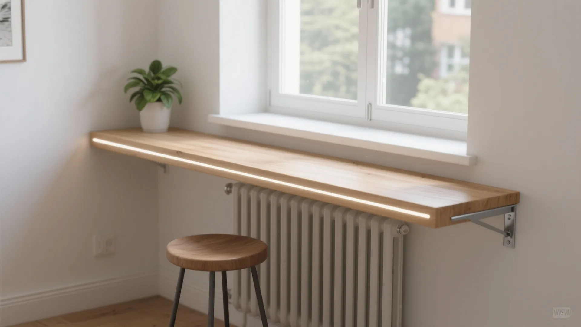 5. Slim floating shelf desk under a window
