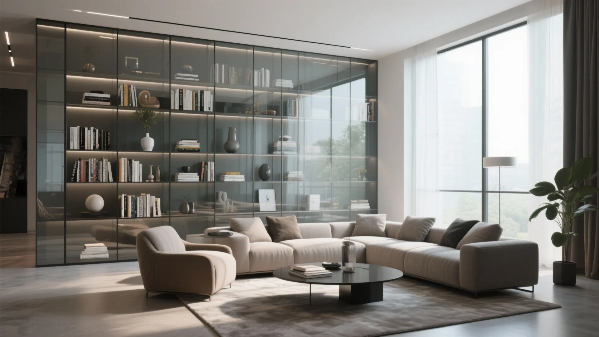 Modern living room with glass cabinet, cream sofa, armchair, black coffee table, and floor plant