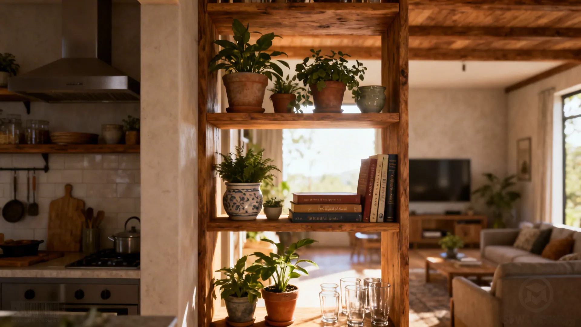 Window-style interior opening with deep shelves holding plants and cookbooks between kitchen and living room