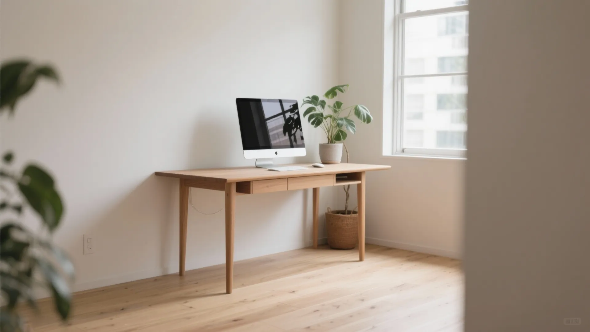 ワークスペースは“窓際の短手”に軽量デスクで