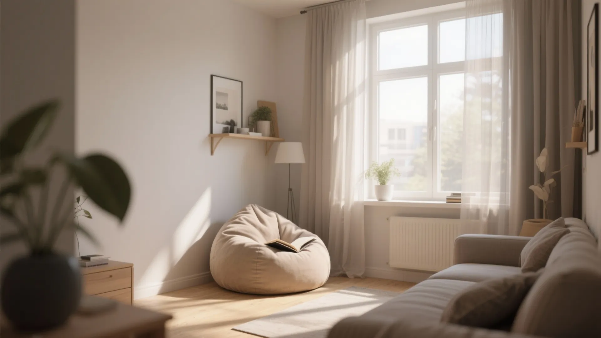 Sunlit bean bag placed beside a wide window in a cozy corner