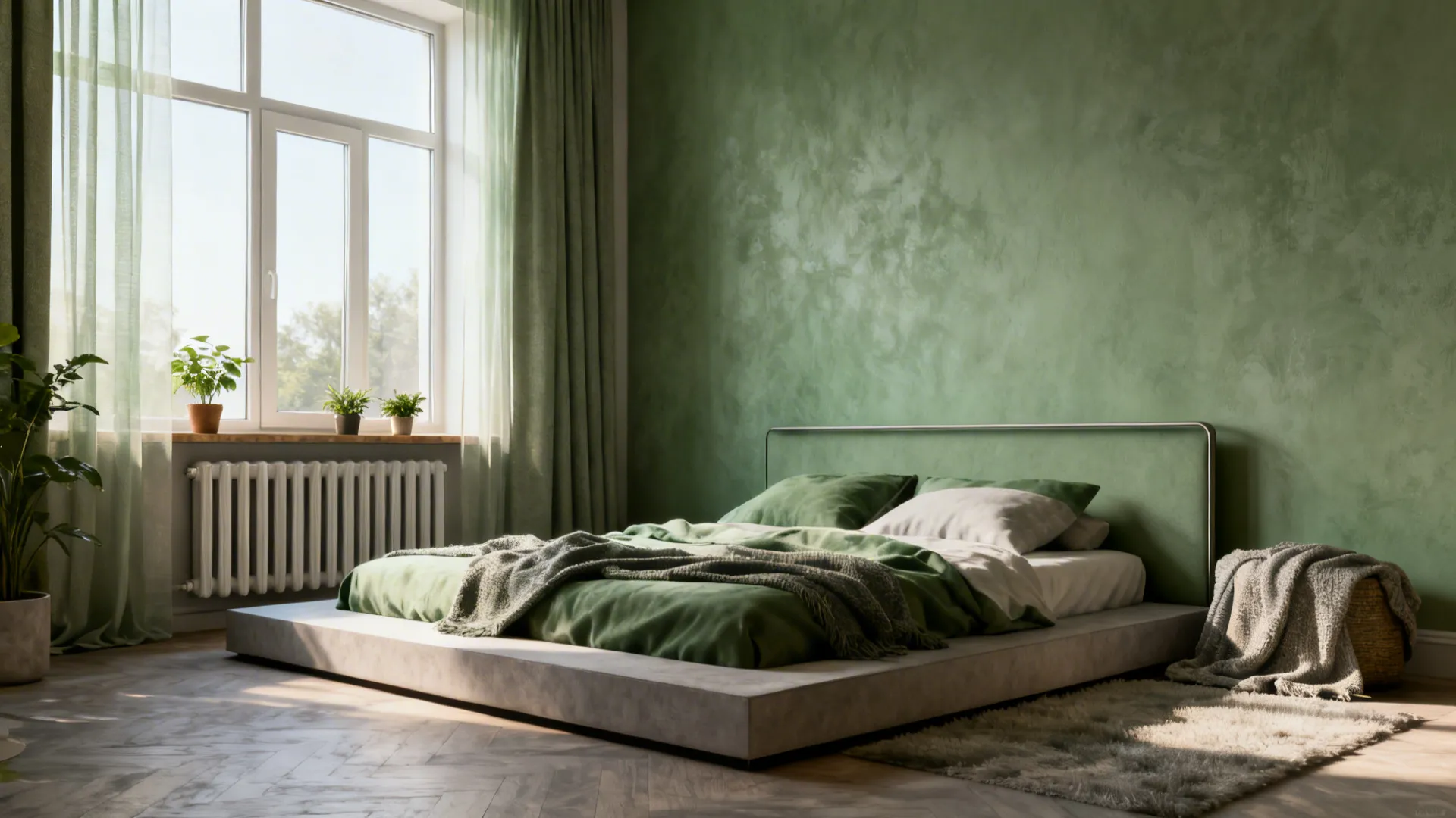 Low platform bed positioned under a window with plants on a slim radiator cover shelf