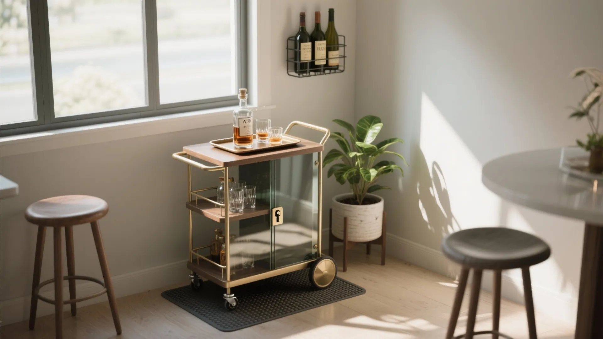 Modern wood and metal mobile drink cart with bottles near window and stools in room