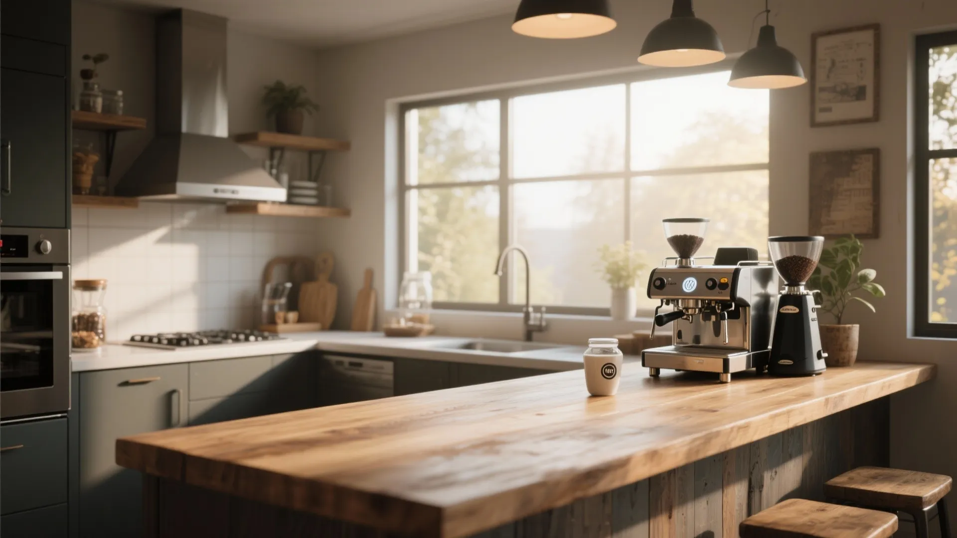 Sunlit kitchen with wooden island counter holding a coffee machine near large windows and stools