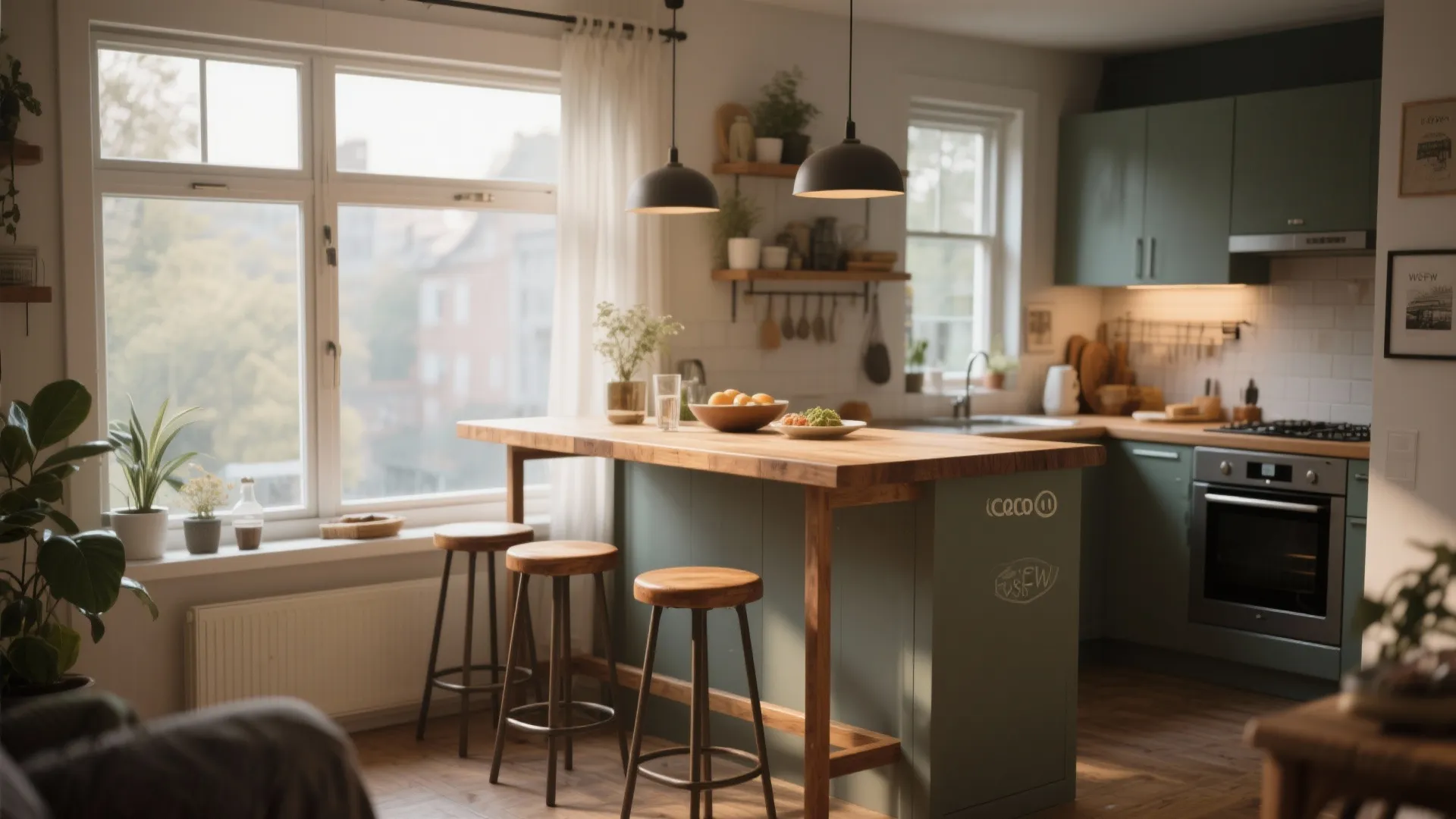 Small dining area at a window with stools and bar-height table